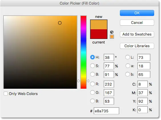 اختيار اللون الأخضر من Color Picker في Photoshop. صورة © 2016 Photoshop Essentials.com