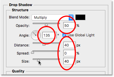 Options d'ombre portée dans la boîte de dialogue Style de calque. Image © 2016 Photoshop Essentials.com