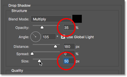 The size and opacity values ​​for the drop shadow.