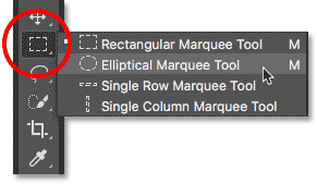 تحديد Elliptical Marquee Tool من لوحة Tools. صورة © 2016 Photoshop Essentials.com