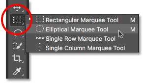 Sélectionnez l'outil de sélection elliptique dans le panneau Outils. Image © 2016 Photoshop Essentials.com