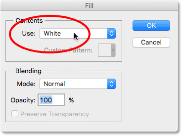 Ändern Sie die Option „Verwenden“ im Dialogfeld „Füllen“ in Photoshop in „Weiß“. Bild © 2016 Photoshop Essentials.com