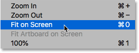 Auswählen des Befehls „An Bildschirm anpassen“ in Photoshop