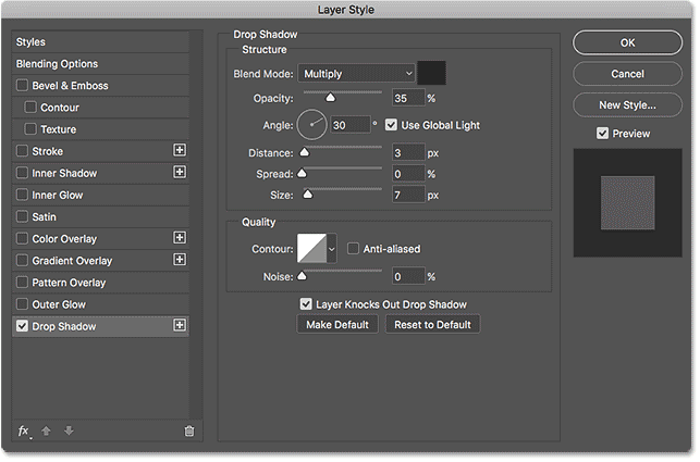 Drop Shadow options in the Layer Style dialog box.