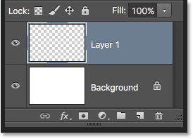 Aparece una nueva capa en blanco llamada Capa 1 en el panel Capas. Imagen © 2016 Photoshop Essentials.com