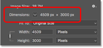 Dimensions section of the Image Size dialog box in Photoshop CC