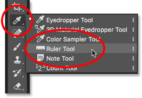 تحديد أداة Ruler Tool من خلف أداة Eyedropper. 