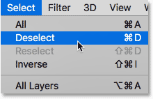 Choosing the Deselect command from the Photoshop selection menu.