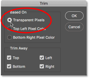 تحديد Transparent Pixels في شاشة Trim.