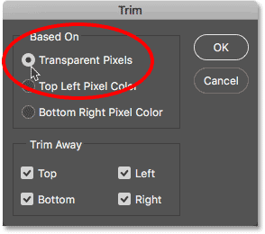 Seleccione Píxeles transparentes en el cuadro de diálogo Recortar.