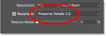 اختيار طريقة الإقحام Preserve Details 2.0 في Photoshop CC 2018