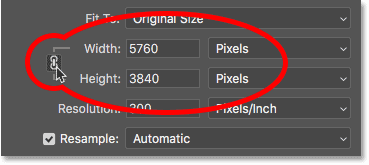 إعادة ربط العرض والارتفاع في شاشة Image Size في Photoshop