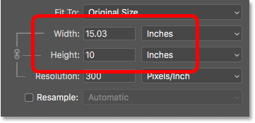 Image width and height now appear in inches instead of pixels after turning off Resample.