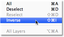 Choosing the Inverse command from Photoshop's Select menu. Image © 2012 Photoshop Essentials.com.