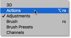 Wählen Sie im Fenstermenü den Bereich „Aktionen“ aus. Bild © 2016 Photoshop Essentials.com