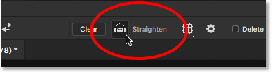 تحديد أداة Straighten Tool في شريط الخيارات في Photoshop
