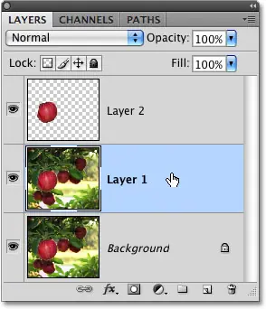 Clicking a layer to select it in Photoshop.