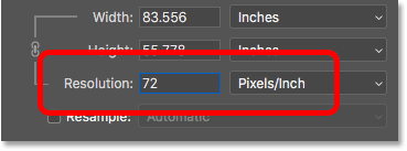 Уменьшает разрешение изображения до обычного веб-разрешения 72ppi в диалоговом окне «Размер изображения» в Photoshop.
