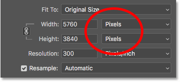 Sets the width and height measurement type to pixels in the Image Size screen